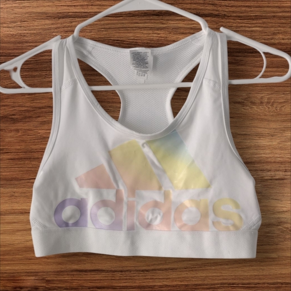 Adidas Girls White Sports Bra with Rainbow Logo